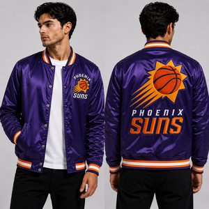 แจ็คเก็ตวาร์ซิตี้ซาตินสีม่วงรอยัล Sacramento Kings แบบสั่งทำพิเศษ ปักโลโก้ บอมเบอร์ชาย ขายส่ง OEM ชุดทีม สตรีทแวร์ MOQ ต่ำ จัดส่งเร็ว - Product Image 3