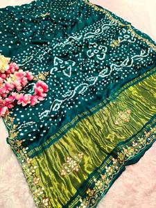 Handmade Bandhani <b>Gota</b> Patti Saree Pure Silk Bandhej Saree Ethnic Bridal Wear for Women - Product Image 3