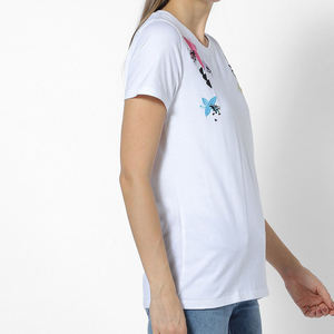 Camiseta Blanca de Mujer con Bordado Floral, Manga Corta, Cuello Redondo, Informal, de Algodón, para Primavera/Verano - Product Image 1