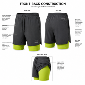 Shorts de sport pour homme, double couche, couleur unie, coupe classique, avec cordon de serrage, séchage rapide, pour la course à pied. - Product Image 3