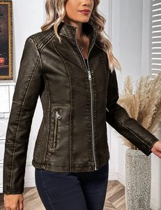 Chaqueta de moto de cuero PU para mujer, ligera, con cuello alto y cremallera, proveedor al por mayor - Product Image 5