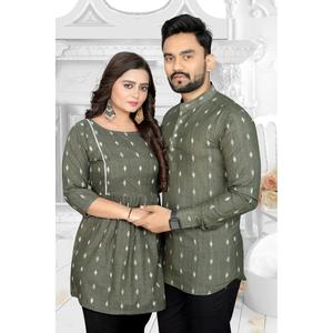 CAMISA DE TRABAJO DE HILO DE ALGODÓN DE LINO DE TENDENCIA CON TOP PAREJA DE OLIVA - Product Image 1