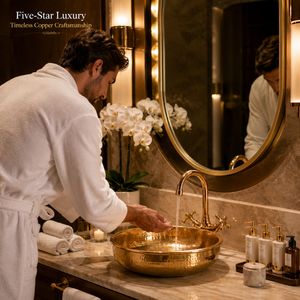 Handcrafted Golden Hammered Copper Vessel Wash <b>Basin</b> <b>Round</b> Luxury Countertop Bathroom Sink Premium Designer <b>Basin</b> for Home Hotel - Product Image 4