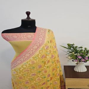 Sari en Chiffon Georgette Khaddi Banarasi Pur, Teinture au Pinceau Rangkat, Semi-Tissé à la Main, Luxe, Vêtement de Mariage Indien, Tenue Traditionnelle de Fête - Product Image 1