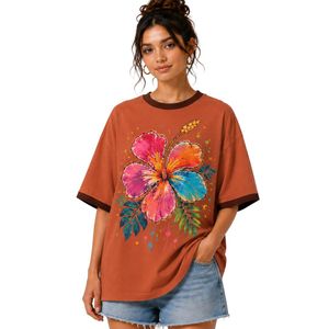 Camiseta Extra Grande para Mujer en Color Marrón Óxido con Estampado Gráfico de Flor de Hibisco Colorida, Camiseta Casual de Algodón para Verano, Personalizada OEM ODM al por Mayor - Product Image 1