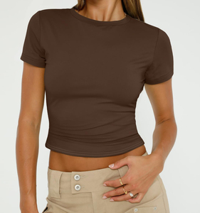 Camiseta de algodón lisa para mujer, suave, informal, transpirable, de manga corta, para verano, con logo personalizado, a la moda. - Product Image 2