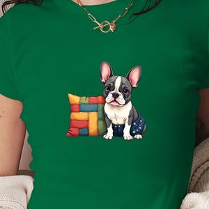 Bulldog francés con almohada de retazos Camiseta corta de moda para mujer - Product Image 3