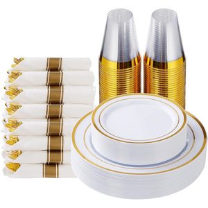 Set di Stoviglie in Plastica Dorata da 175 Pezzi per 25 Ospiti, Include 25 Piatti Principali e da Dessert per Feste Eleganti - Product Image 1