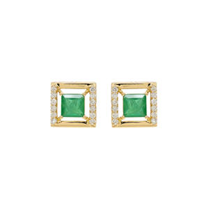 Natural 6x6mm Square Cut <b>Emerald</b> <b>Earrings</b> With 1.5mm White Diamond Halo <b>Stud</b> In 18k Solid Yellow Gold Wedding Wholesale Jewelry - Product Image 3