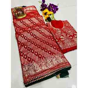 Sari de seda DOLA de diseño con tejido <span class=keywords><strong>ZARO</strong></span> y blusa sin coser, prenda roja - Product Image 1