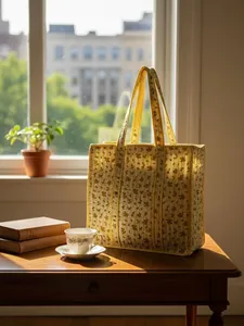 Women Yellow Quilted Cotton <b>Tote</b> <b>Bag</b> with Floral Hand Print Bohemian Style <b>Summer</b> Casual Open Shopping <b>Bag</b> - Product Image 4