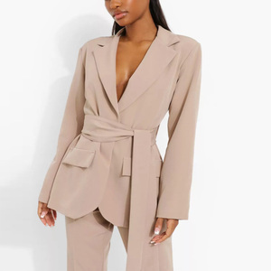 OEM Custom Women's High Quality Office <b>Blazer</b> and Pants <b>Set</b> Long Solid Velour Woven with Single Button - Product Image 1
