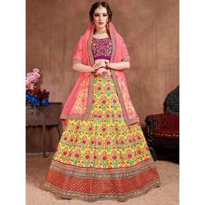 Flamboyant Yellow-Pink Colored Bridal wear Bordado Lehenga Choli - Product Image 4