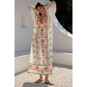 Vestido Maxi Casual Premium para Mujer, 100% Algodón, Moderno, Corte en A, Sexy, Cuello en V, Tirantes, Manga Larga, Tejido de Verano, Antiestático, para Playa - Product Image 1