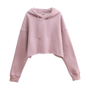 Sudadera Corta con Capucha Rosa para Mujer, Hombros Caídos, Manga Larga, Informal, para Otoño, 100% Algodón Tejido, Color Sólido - Product Image 1