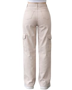 Jean cargo en denim kaki taille haute à jambe large personnalisé avec poches latérales, style urbain, pantalon décontracté ample pour femme, personnalisable OEM - Product Image 2