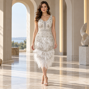 Elegant <b>White</b> Feather Embellished Evening <b>Gown</b> | Deep V Neck Sleeveless Crystal Bead Floral Embroidery Fitted Floor Length Dress - Product Image 2