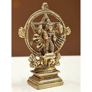 Sculptures en laiton de 4 pouces faites à la main Petite statue de Sudarshana Vishnu avec Narasimha sur les idoles uniques inversées - Product Image 2