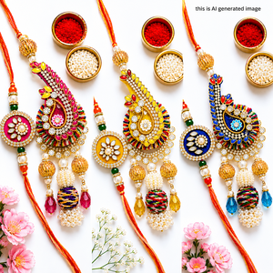 Juego de Rakhi de Diseño Artesanal con Adornos de Perlas para el Festival de Raksha Bandhan en Colores Rosa, Amarillo y Azul - Product Image 1