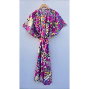 Robe kaftan en coton à imprimé floral pour femmes, col en V, taille ajustable avec cordon, style bohème, tenue de plage et de villégiature - Product Image 1