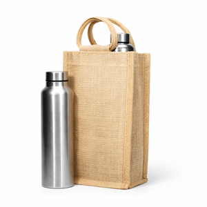 Sac de transport pour bouteille en jute biodégradable et écologique, réutilisable, pour une seule bouteille de vin ou d'eau, avec poignées rembourrées robustes et fermeture éclair - Product Image 1