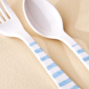 White Plastic Fork And Spoon Set With Blue Striped Handles Reusable Camping <b>Flatware</b> Nordic Design Matte Finish - Product Image 1