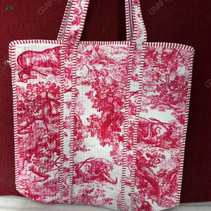 Sac fourre-tout matelassé en coton imprimé toile rouge fait main, motif animalier vintage, grand sac à bandoulière en textile, OEM - Product Image 1