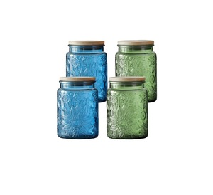 Magnifique pot en verre rond transparent avec couvercle en bois massif, design fleurs bleues, pot décoratif en verre - Product Image 4