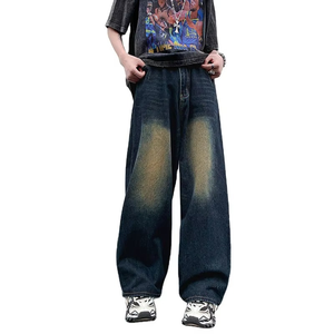 Vaqueros de mezclilla de pierna ancha con efecto desgastado, cintura alta, ajuste holgado, de algodón, estilo urbano, pantalones para hombre con estampado, moda de primavera - Product Image 2