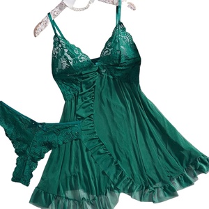 Chemise de nuit en satin pour femme, col roulé, bretelles spaghetti, dentelle, sexy, longueur genou, couleur unie, 100% polyester, tissu doux - Product Image 3
