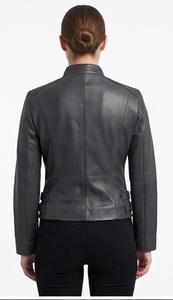 Wholesale <b>Women</b> Genuine <b>Leather</b> Winter Windproof Zipper Slim Fit Mandarin Collar <b>Moto</b> Biker <b>Jacket</b> Custom Casual Streetwear - Product Image 4