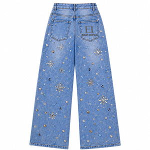 Custom logo Women's Rhinestone Embellished Wide Leg Jeans High Waist Blue Denim <b>Pants</b> <b>Y2K</b> Luxury Streetwear Wholesale - Product Image 2
