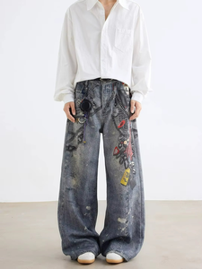 Jeans de mezclilla con estampado 3D de High Street, de pierna ancha y corte recto, estilo vintage, para hombre - Product Image 3