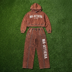 Conjunto de Sudadera Corta y Pantalones Jogger para Mujer, Lavado Ácido, Color Marrón, Algodón y Felpa, Ropa Deportiva Urbana, Venta al Por Mayor OEM - Product Image 5