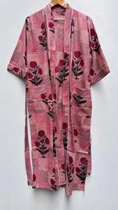 Kimono en coton avec ceinture à nouer, robe de chambre pour femme, robe de nuit indienne et tenue de plage, robe imprimée en coton indien - Product Image 3