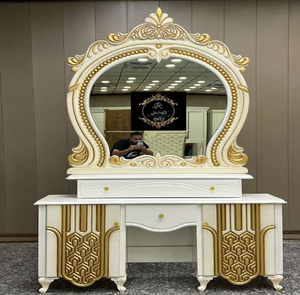 Royal gold hand carved <b>console</b> <b>table</b> with a large decorative mirror and <b>marble</b> <b>top</b>, available at wholesale prices. - Product Image 3