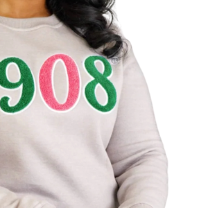 เสื้อสเวตเชิ้ตสีเขียวชมพู 1908 รุ่นเชนิลล์สีเทา สำหรับผู้หญิง แขนยาว คอกลม ผ้าฟลีซ สวมใส่สบาย ปักลายกราฟิก แฟชั่น - Product Image 2