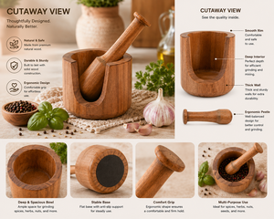 Ensemble mortier et pilon en bois d'acacia, broyeur d'épices multifonctionnel, écraseur d'ail, broyeur d'herbes, pour usage domestique et cuisine - Product Image 3