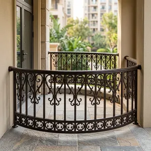 Rampe de balcon en fer forgé courbée et ornée, design complexe à motifs festonnés, clôture de terrasse extérieure classique, barre de sécurité en métal antirouille - Product Image 6