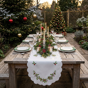 Wholesale Customized Vintage White Cotton <b>Table</b> <b>Runners</b> Embroidered Holly Christmas Scallop Border Washable Restaurant Hotel - Product Image 3