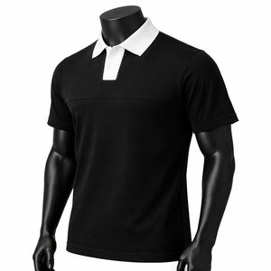 Men's Black Short Sleeve Polo Shirt With White Collar Knitted Cotton Casual Breathable Solid Design Regular Fit - Product Image 2