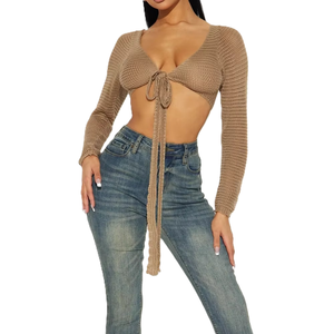 Cardigan oversize tendance pour femme en maille à col en V, style streetwear, épais, à nouer, pour l'été et la plage, marque privée, sweats OEM - Product Image 2