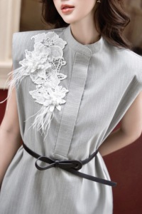 Women's Pinstripe Sleeveless Blouse Floral Lace Applique <b>Feather</b> Embellished Mandarin Collar Office <b>Top</b> Grey TRACY - Product Image 3