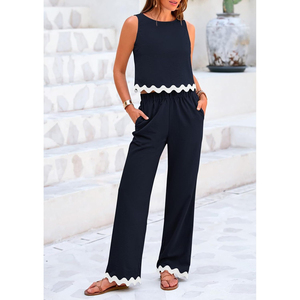 Ensemble 2 pièces d'été pour femme : débardeur court à volants et pantalon large bleu marine uni, respirant et tissé - Product Image 6