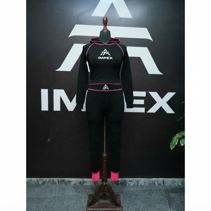 Ensemble de vêtements de sport pour femmes, noir avec bordure rose, à capuche, 2 pièces, coupe ajustée, longueur intégrale, respirant, tricoté, pour toutes les saisons - Product Image 1