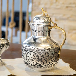 Oriental Style Metal Water <b>Jug</b> With Floral Engraving And Gold Handle For <b>Drinks</b> - Product Image 1