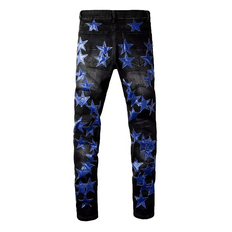 Custom Wholesale Blue Star Patch Denim Jeans Men Tapered Ripped
