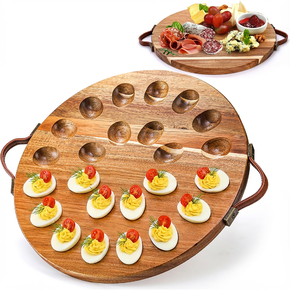 Plateau à œufs en bois avec 18 trous, support à œufs à commande manuelle pour servir des apéritifs, présentation de plats de fête - Product Image 1