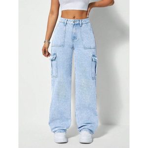 Jeans cargo pour femmes en denim bleu glace style rétro vintage multipoches, écologiques, respirants, style streetwear, 100% coton - Product Image 2
