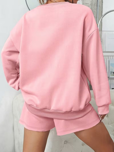 1 Set Solid Color Crew Neck Sweatshirt & Shorts Outfit with Long Sleeve Athletic Shirt Solid Color Crew Neck Sweatshirt Shorts - Product Image 5